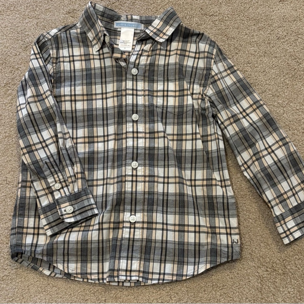 Janie and Jack Boys Plaid Button Down Shirt - Black, White, and Tan, size 2t